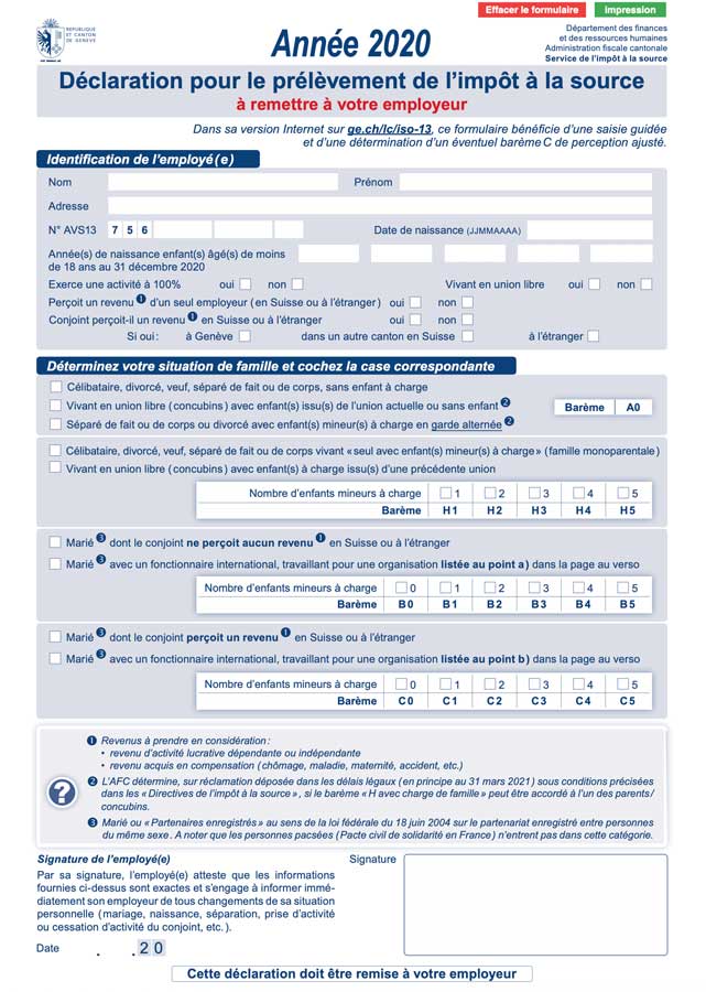 impot-source-geneve Copie d'écran du document qu'un collaborateur du canton de Genève doit remettre à son employeur en début d'année pour la détermination de l'impôt à la source