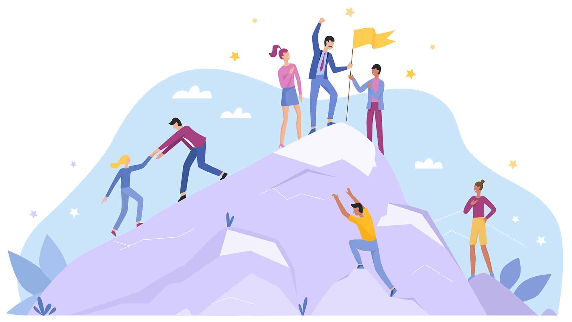 Équipe de professionnels escaladant une montagne ensemble, symbole de succès et d'objectifs atteints en groupe