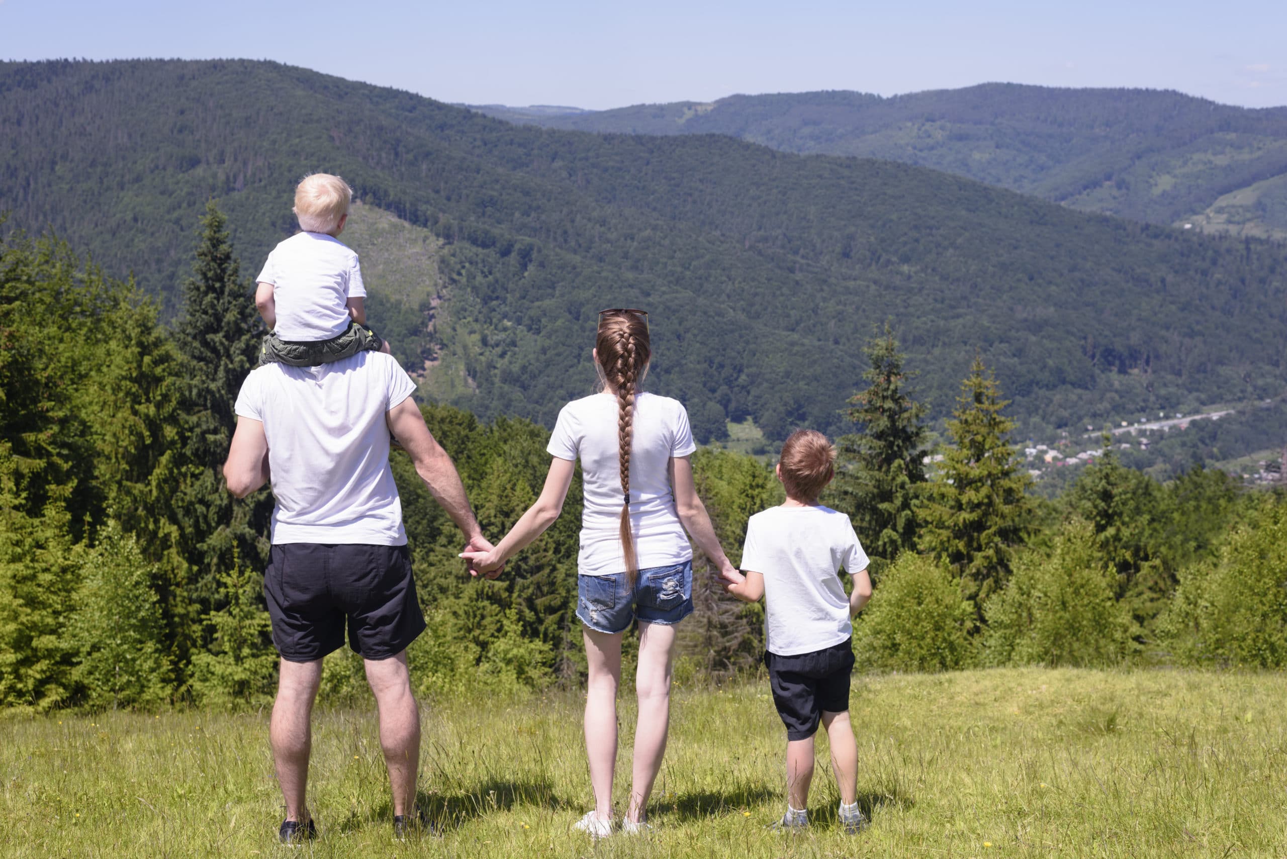 Father, mother and two little sons are standing on a green field on a background of wooded hills. Family values Father, mother and two little sons are standing on a green field on a background of wooded hills. Family values.