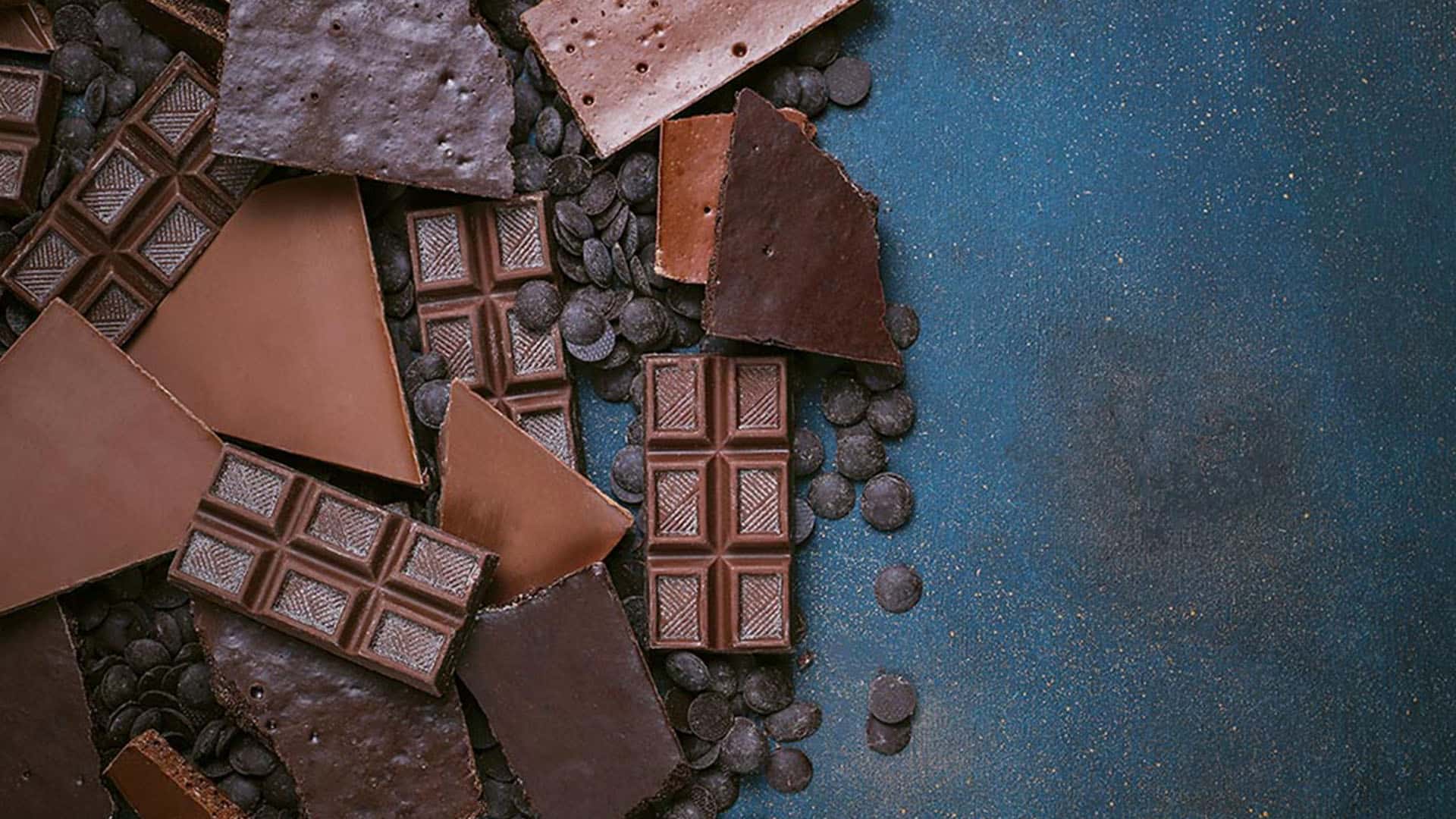 Assortiment de chocolats et pépites de cacao sur fond bleu texturé