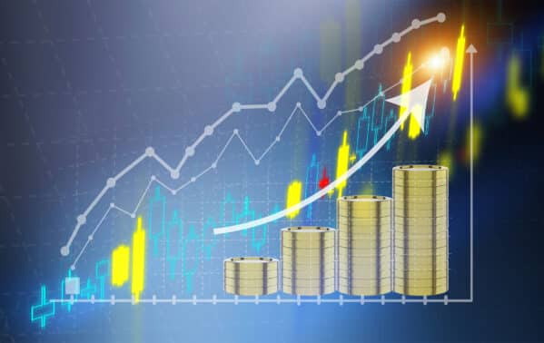 Graphique financier avec piles de pièces CHF croissantes et courbes ascendantes illustrant la progression du marché
