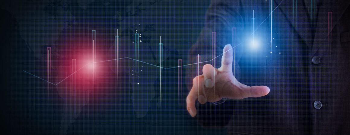 Homme d'affaires touchant un graphique boursier numérique avec tendances CHF/EUR en rouge et bleu