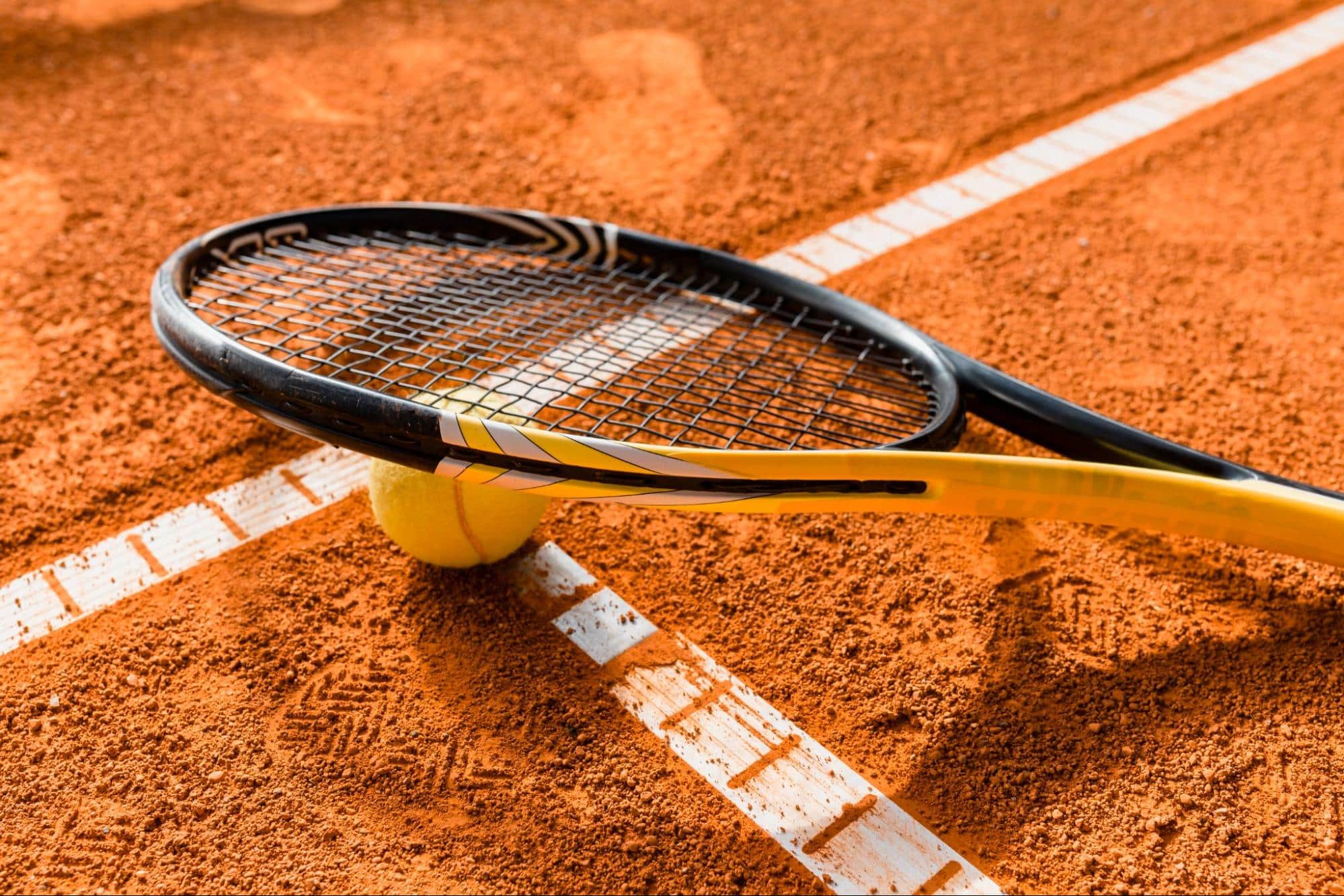 Raquette de tennis noire et jaune avec balle jaune sur court de terre battue rouge